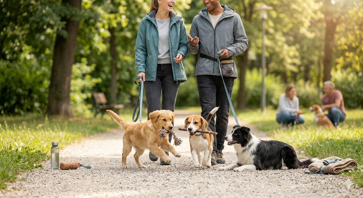 Hund mit Halter im fokussierten Alltagstraining